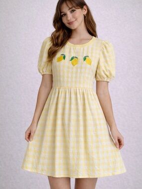 Miss Candyholic Lemon Gingham Dress Size S Puff Sleeve Yellow(E65)
